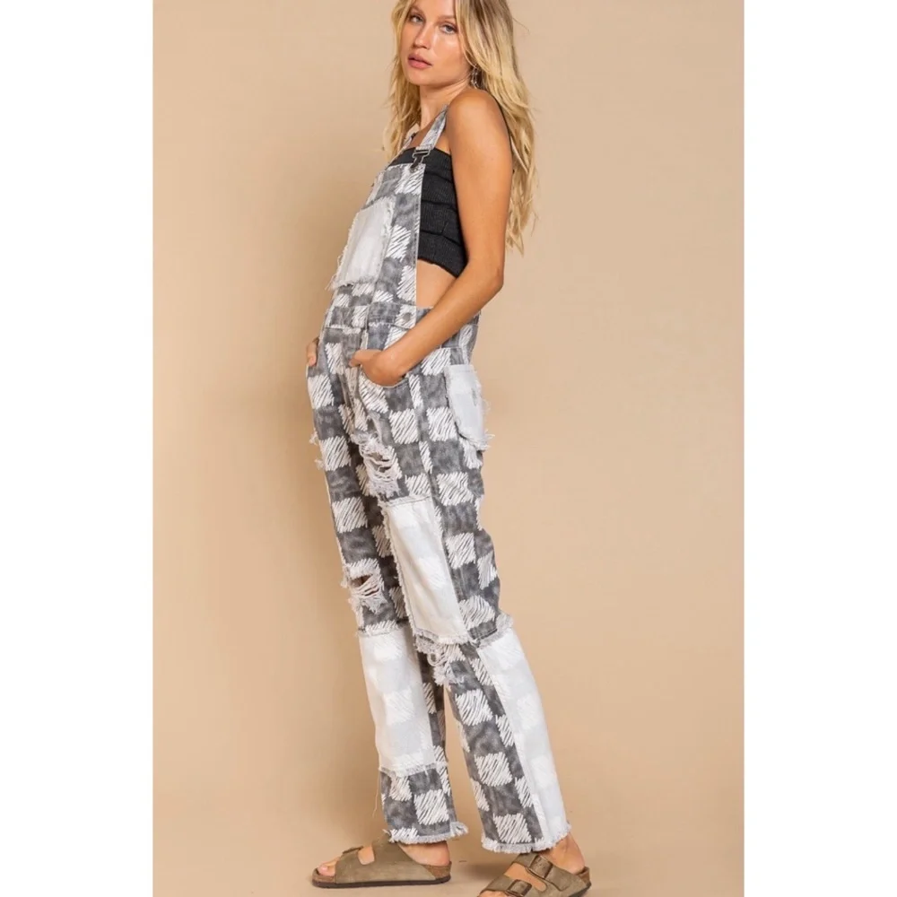 POL Black & White Distressed Patchwork Checker Pattern Overalls - Picture 4 of 9